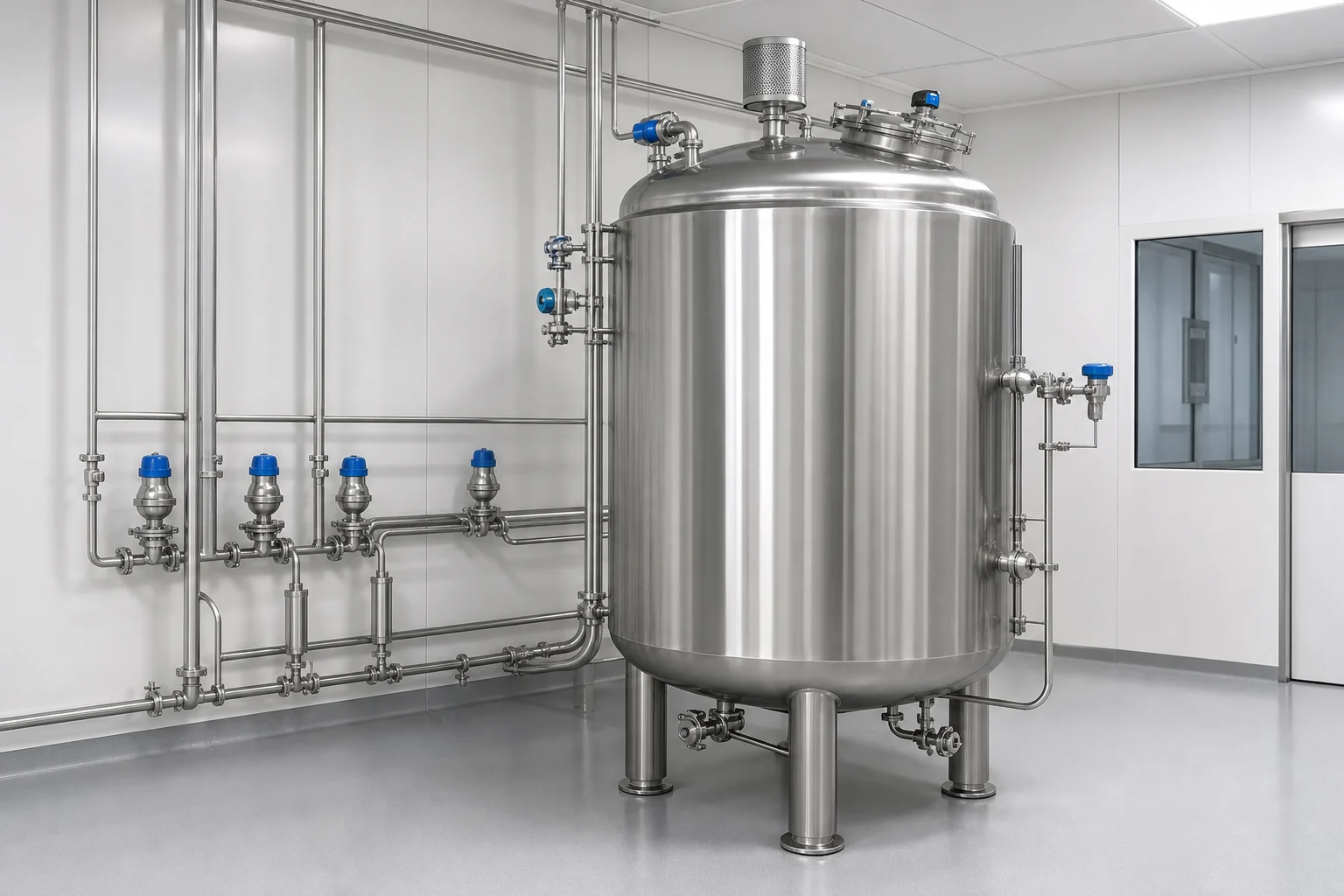 316L pharmaceutical storage tank installed in a controlled cleanroom with sanitary process piping