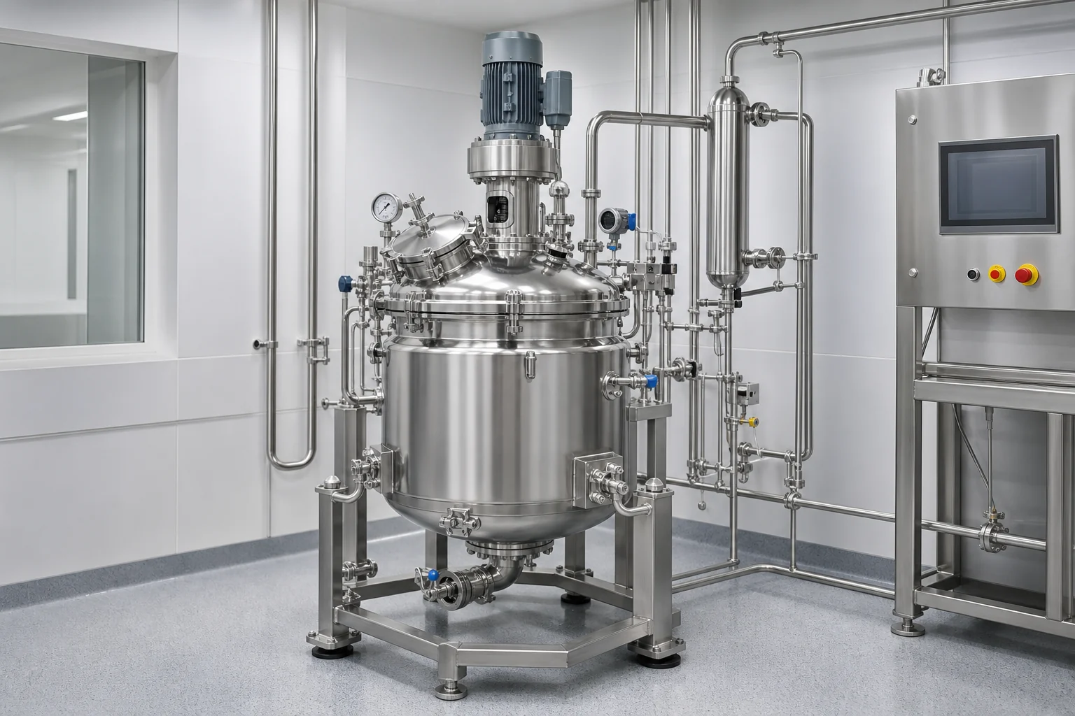 316L pharmaceutical synthesis reactor with sanitary piping, closed vent condenser and control panel in a clean production suite