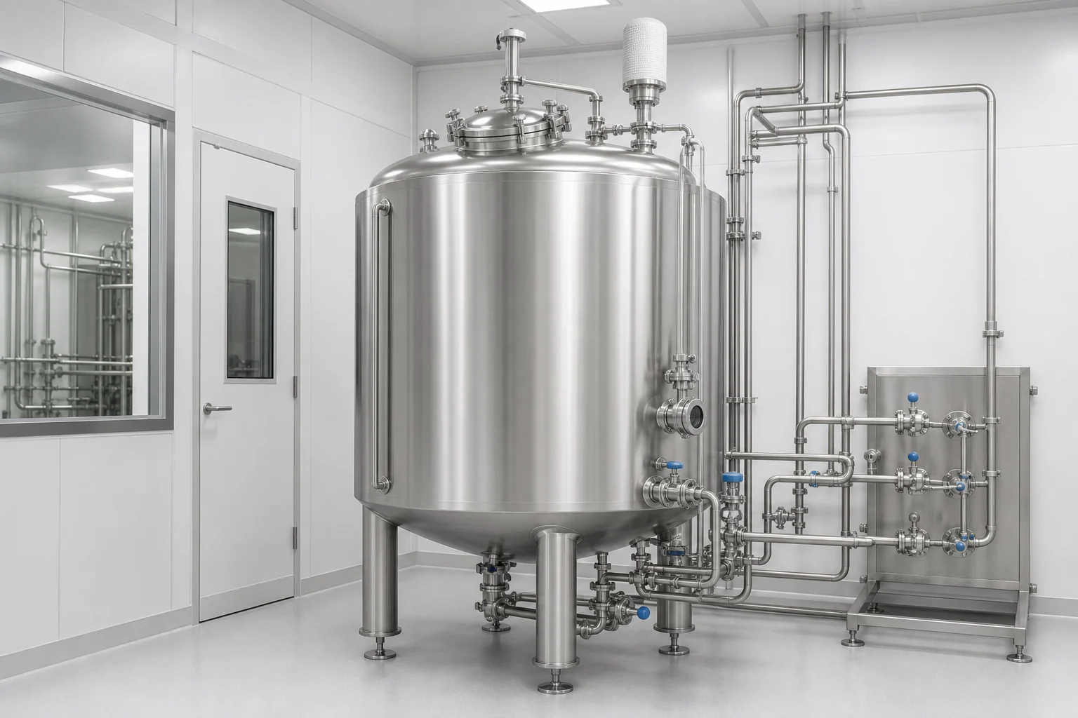 Aseptic stainless steel storage tank with sterile vent and protected transfer manifold in a clean processing suite