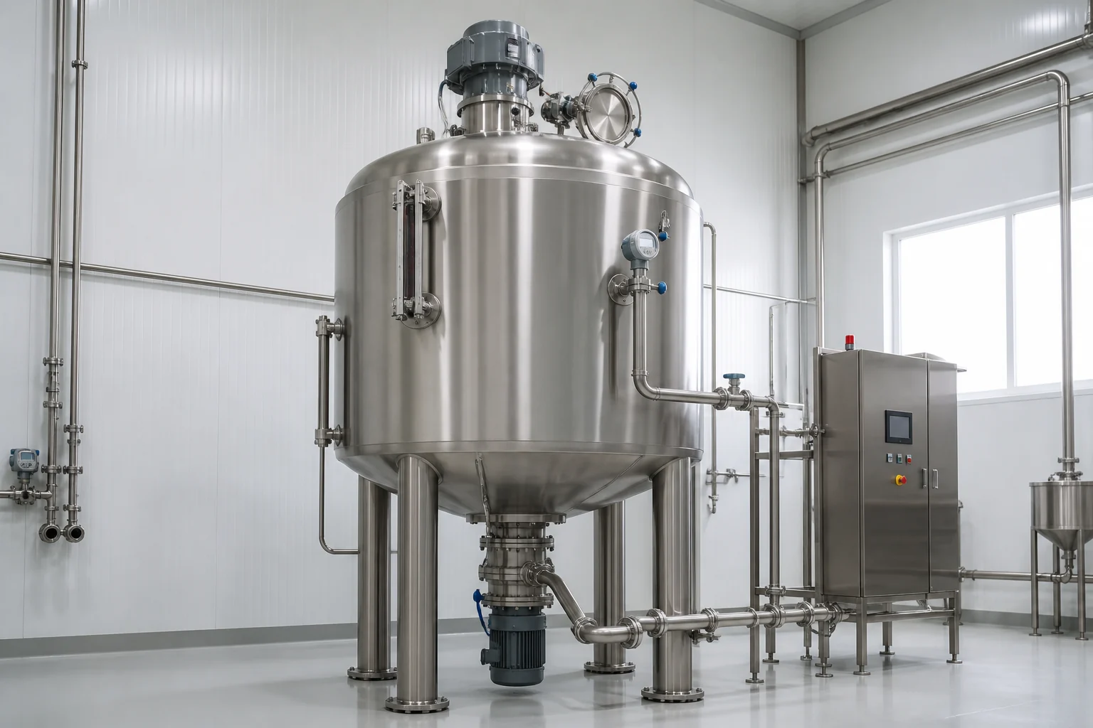 Bottom-entry high-shear emulsifying tank with visible rotor-stator drive beneath a sanitary vessel