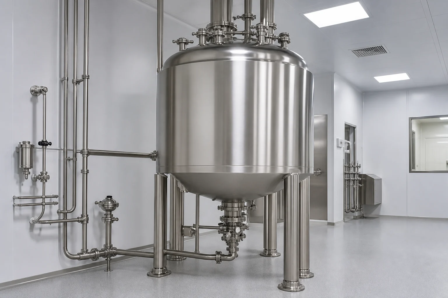 Bottom-entry magnetic mixing tank installed with sanitary piping in a pharmaceutical cleanroom