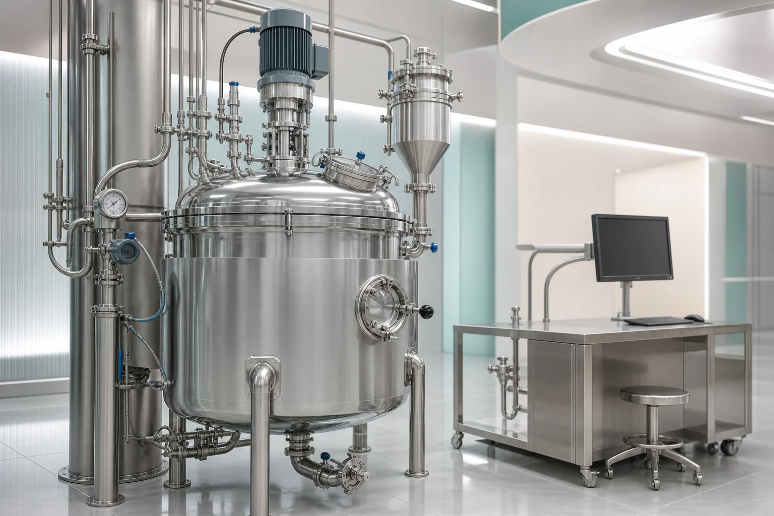 Cosmetic and personal care compounding tank in a clean production suite with ingredient dosing station