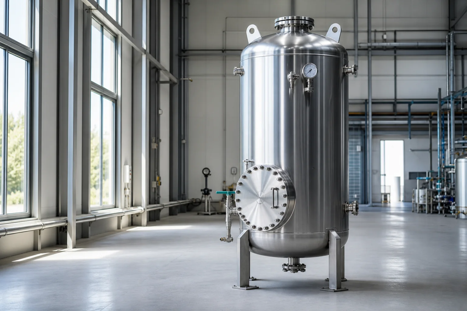 Custom vertical stainless steel pressure vessel with bolted manway and instrumentation in a modern fabrication hall