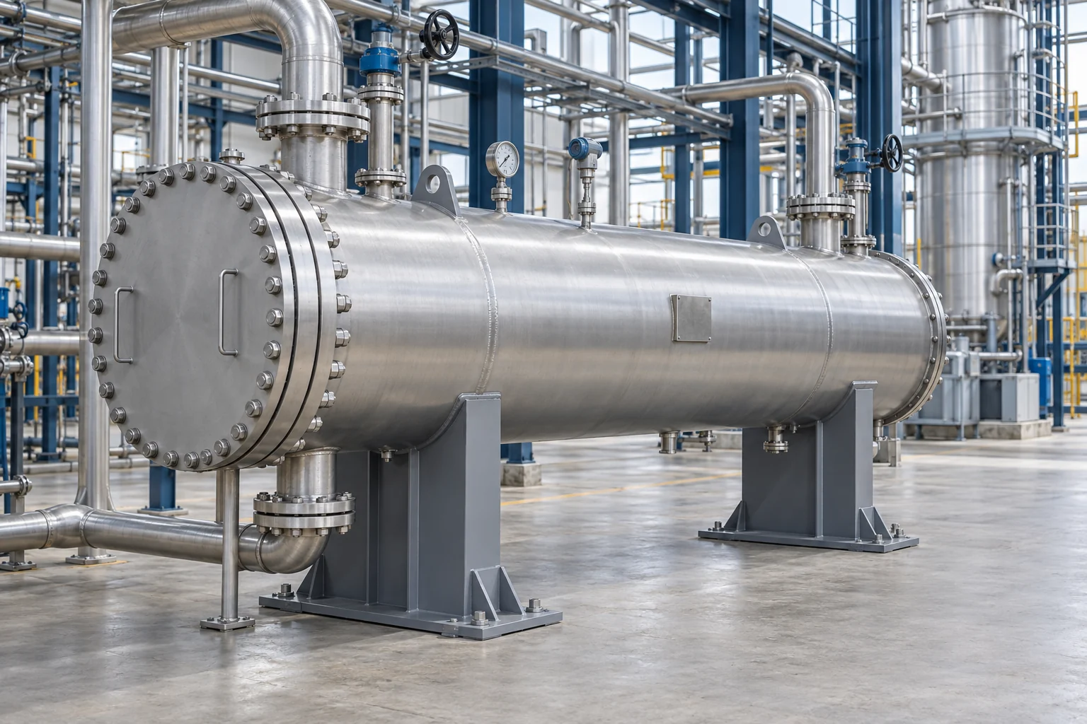 Custom horizontal shell and tube heat exchanger installed in a modern industrial process plant