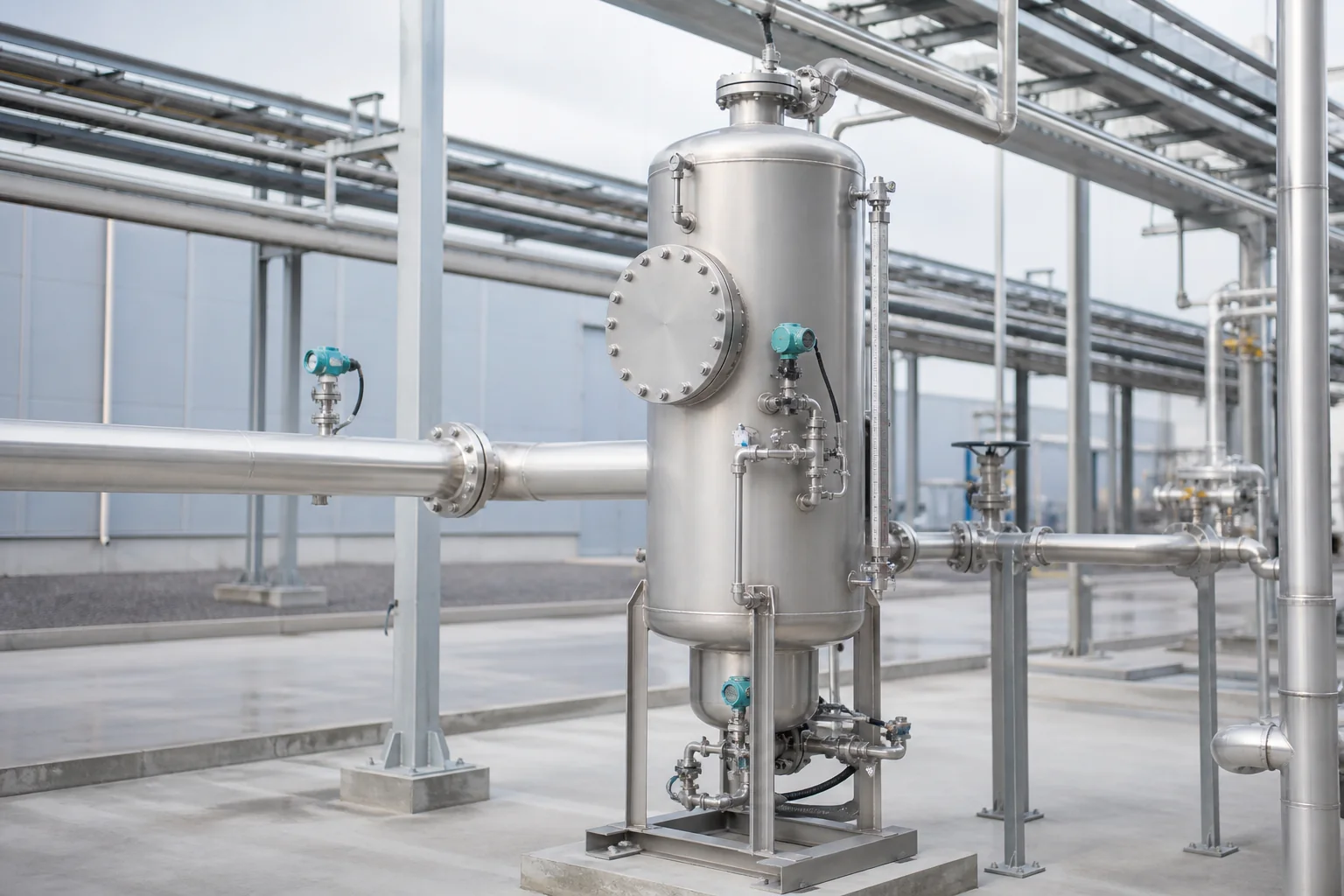 Vertical stainless steel gas-liquid separator vessel with tangential inlet and level instrumentation
