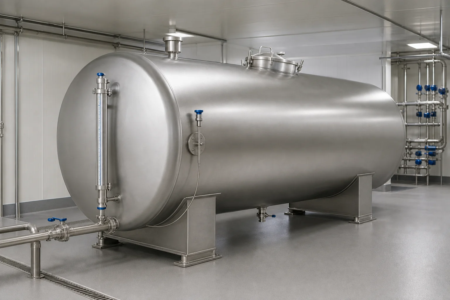 Horizontal stainless steel storage tank on engineered saddle supports in a low-clearance processing room