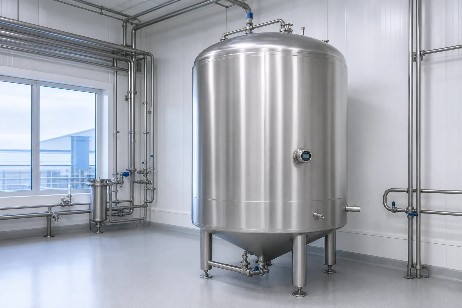 Insulated sanitary stainless steel storage tank in a temperature-controlled hygienic processing room