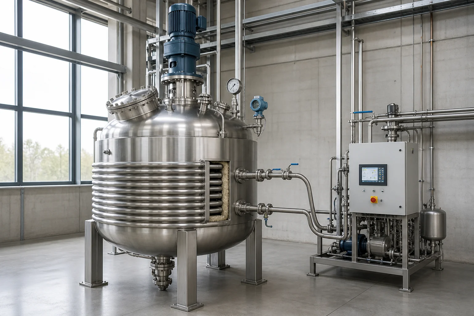 Jacketed agitated reactor vessel with external half-pipe jacket, thermal utility skid and top-entry mixer