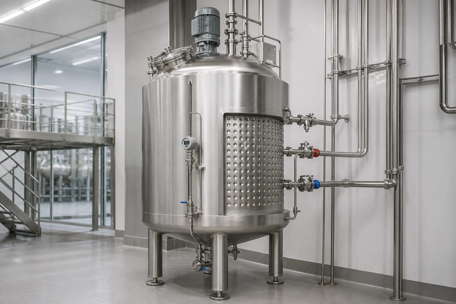 Jacketed stainless steel mixing tank with hygienic agitator and insulated thermal-control shell