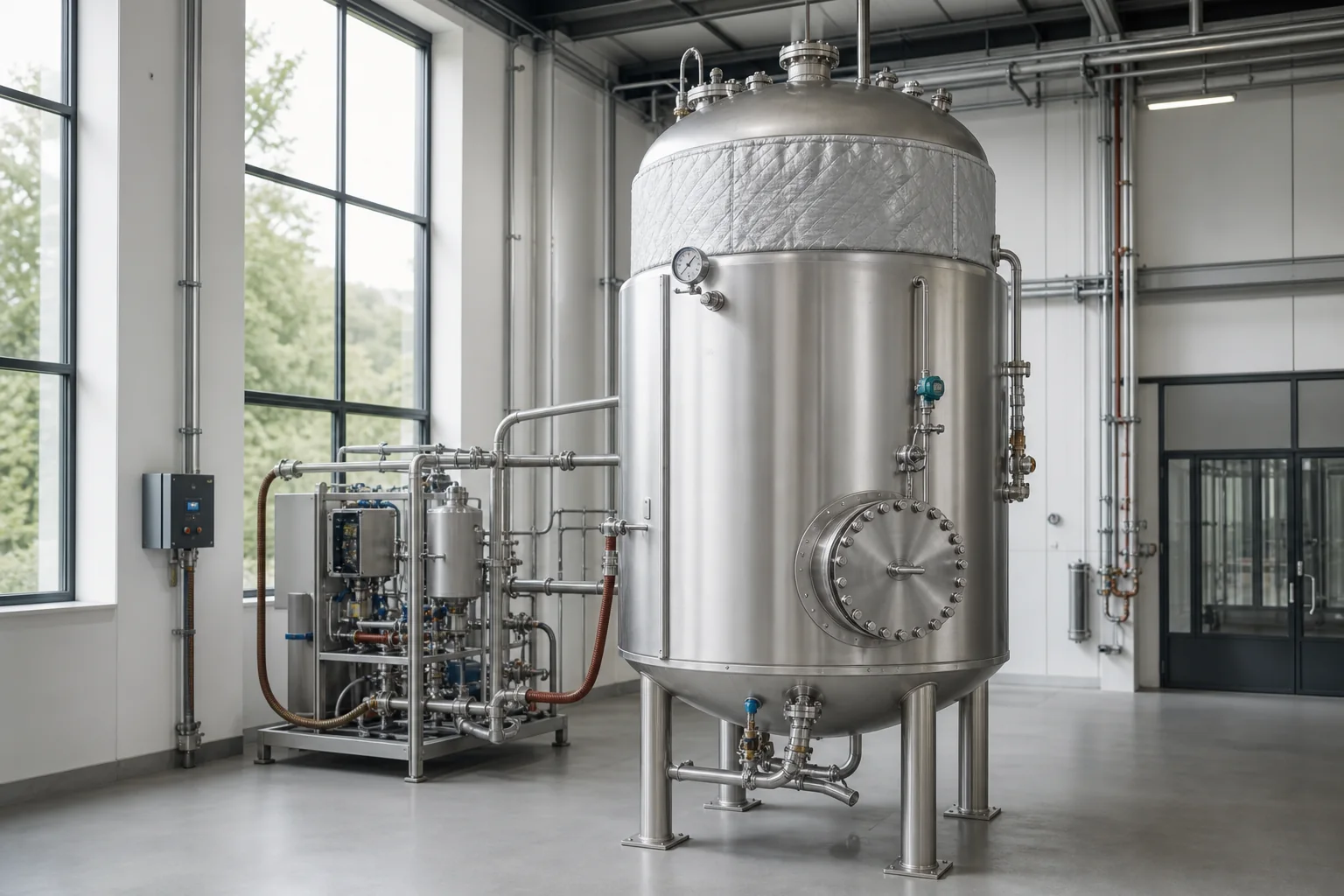 Jacketed stainless steel pressure vessel connected to a thermal control skid in a modern process hall