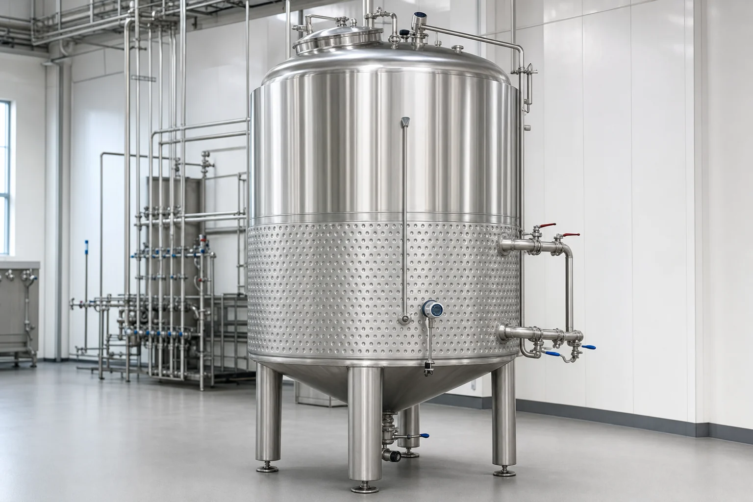 Jacketed stainless steel storage tank with visible dimple jacket and thermal utility connections