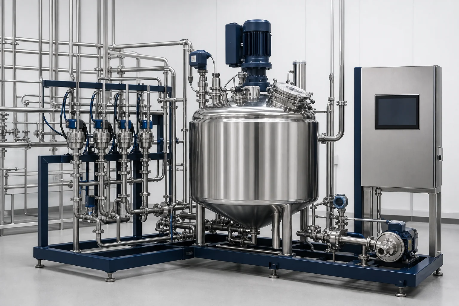 Liquid batching and compounding tank with metered ingredient lines and automated sanitary valve manifold