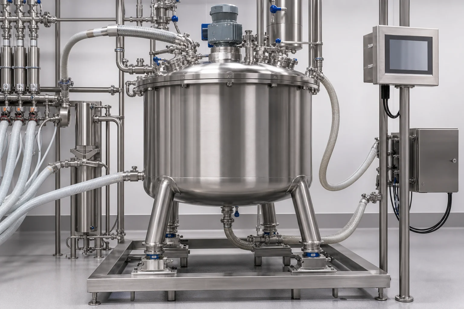 Compounding tank mounted on load cells with sanitary ingredient dosing lines and recipe control panel