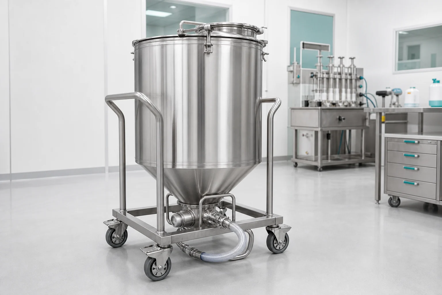 Mobile sanitary stainless steel storage tank with four casters in a small-batch production room