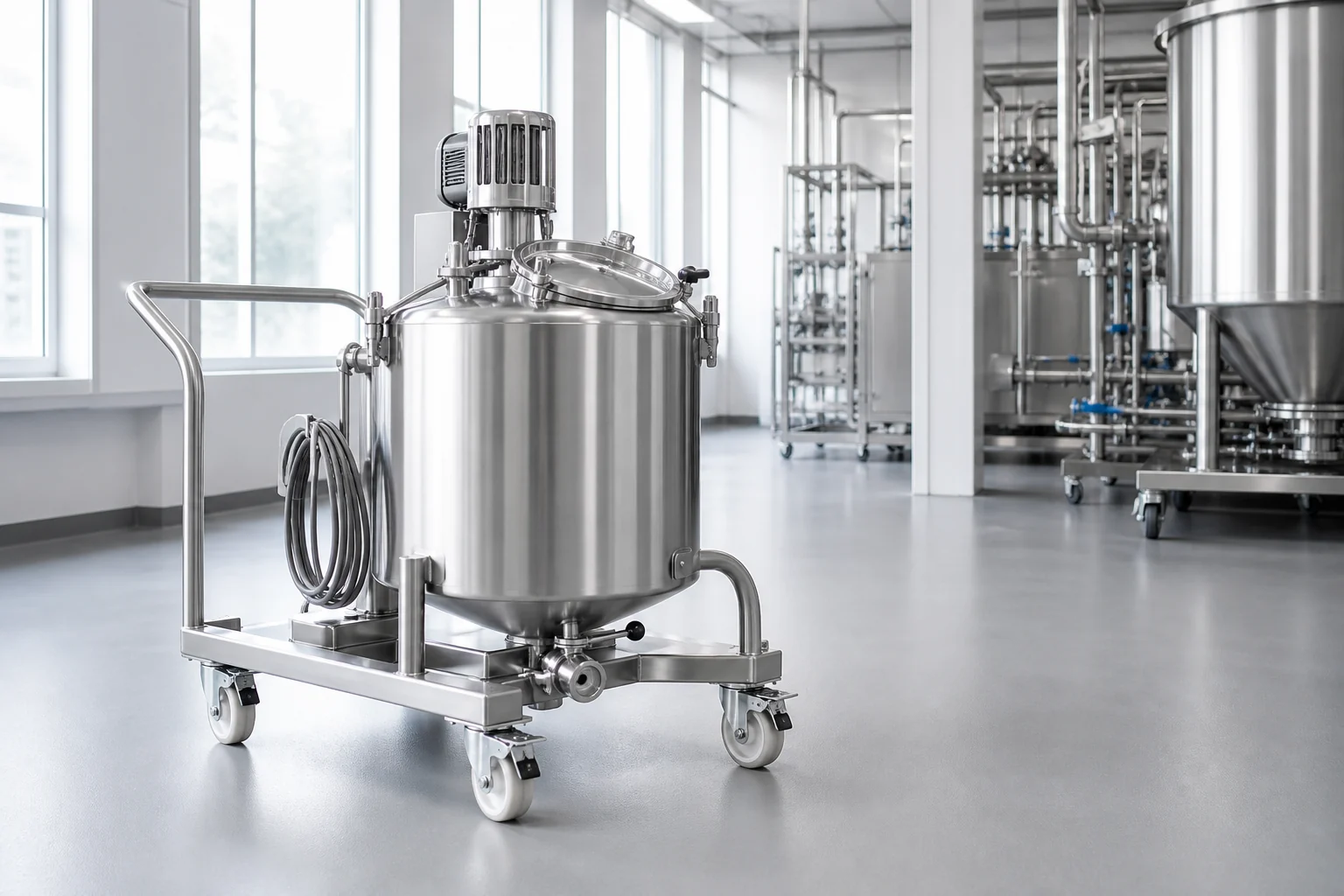Mobile stainless steel mixing tank with compact top agitator and braked castors in a pilot production room