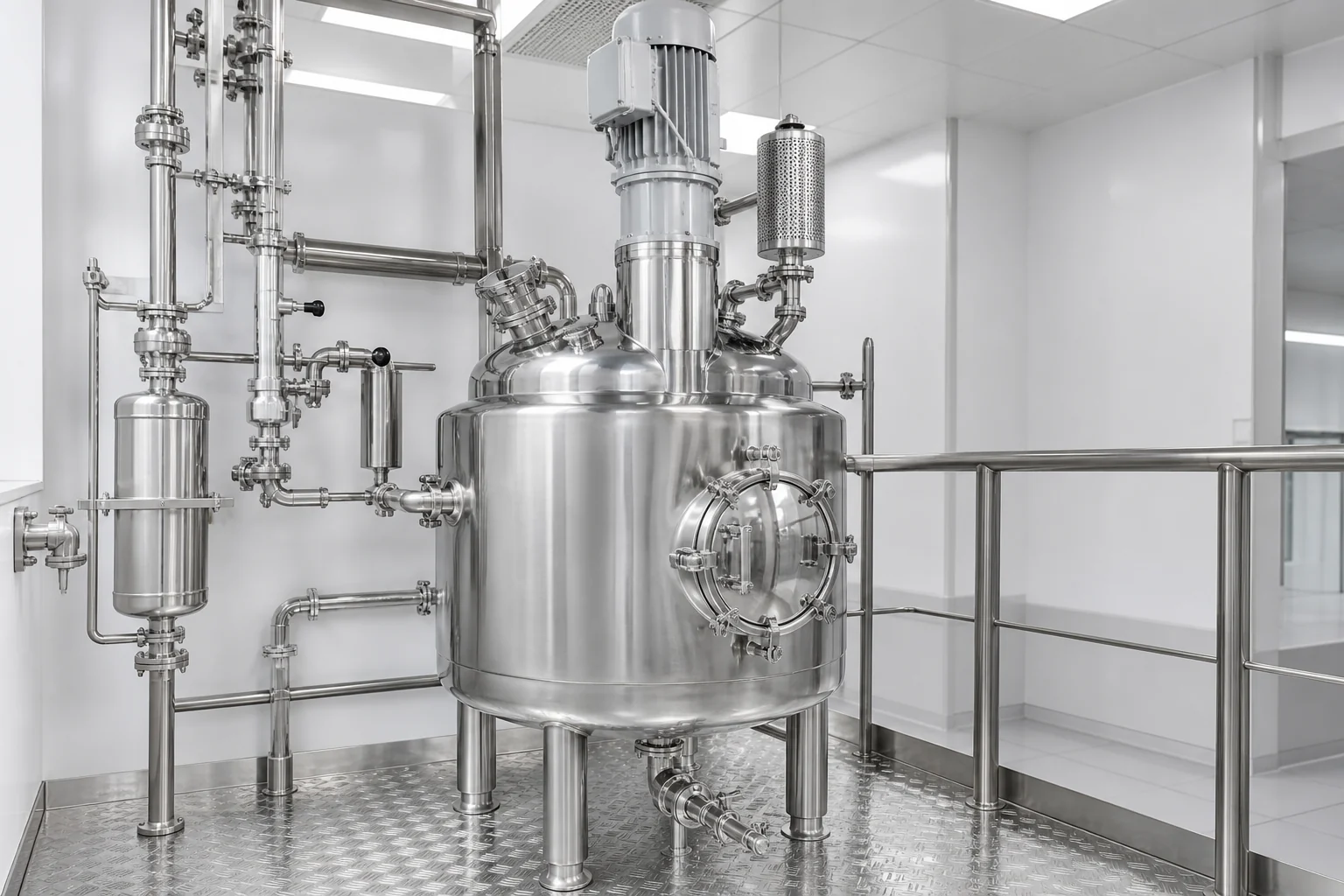 316L pharmaceutical solution preparation tank with sanitary piping in a controlled cleanroom