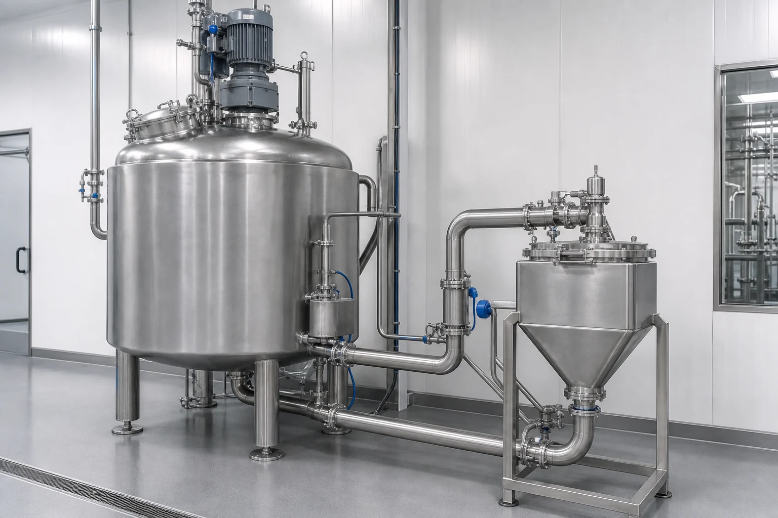 Powder-liquid mixing tank with closed ingredient induction hopper in a hygienic dairy processing room
