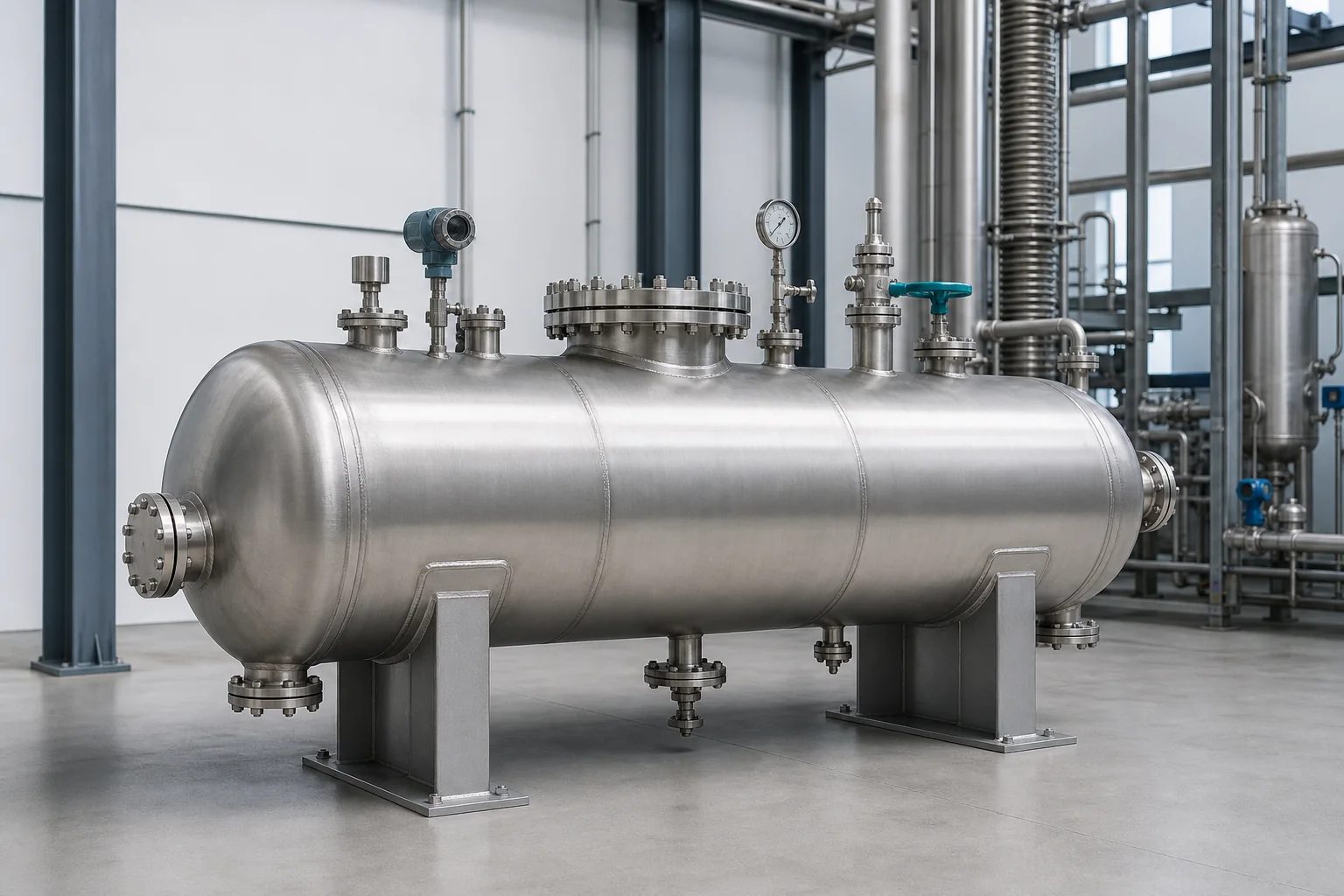 Horizontal stainless steel pressure and full-vacuum vessel with saddle supports and process instrumentation