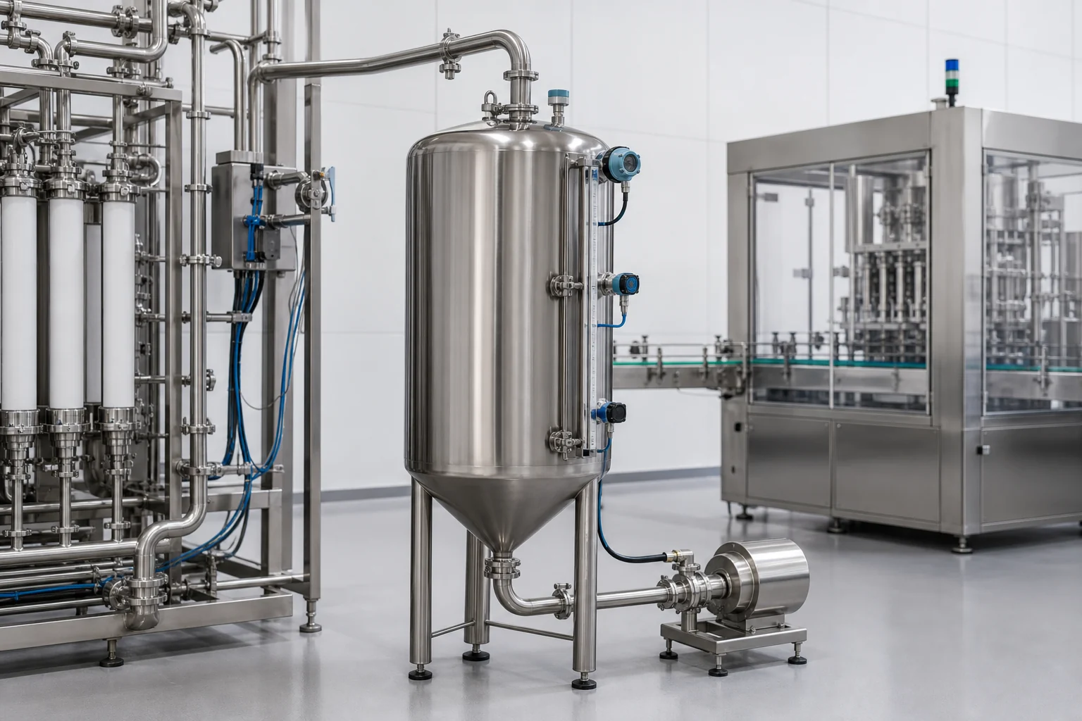 Compact sanitary buffer tank with level instruments between a filtration skid and filling line