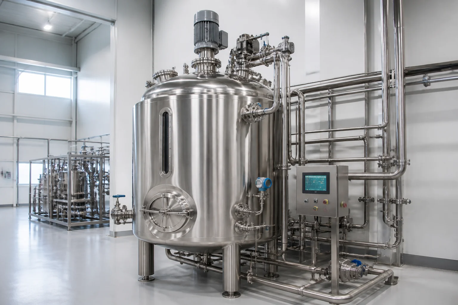 Sanitary high-shear emulsifying tank with hygienic piping and control panel in a modern processing hall