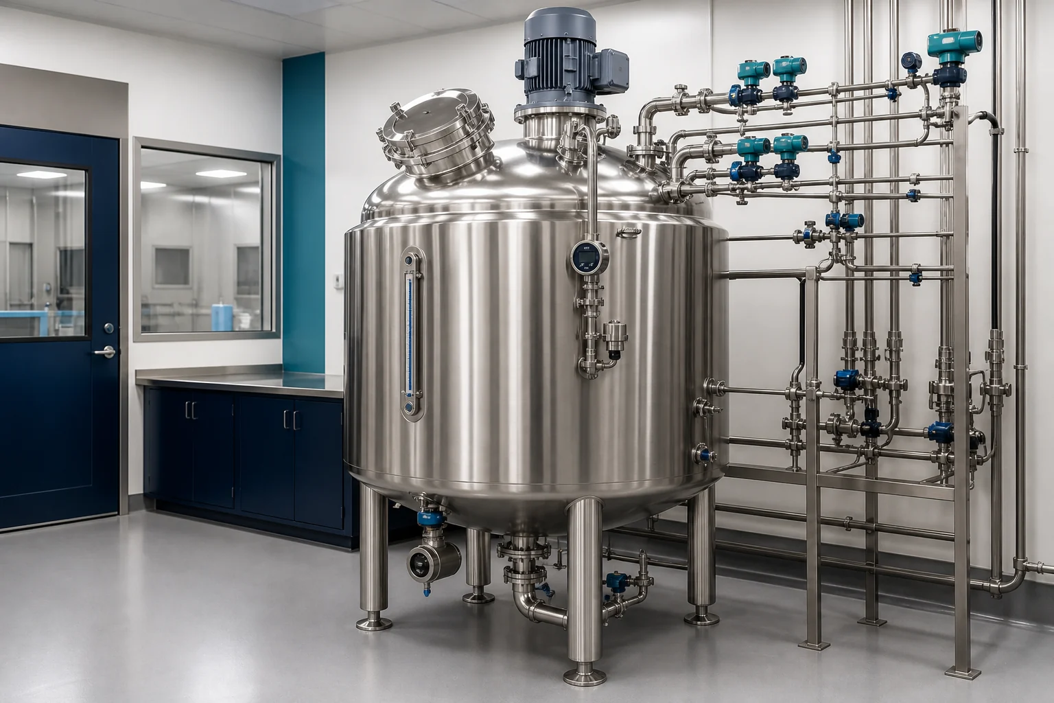 Sanitary stainless steel formulation tank in a modern hygienic batch preparation suite