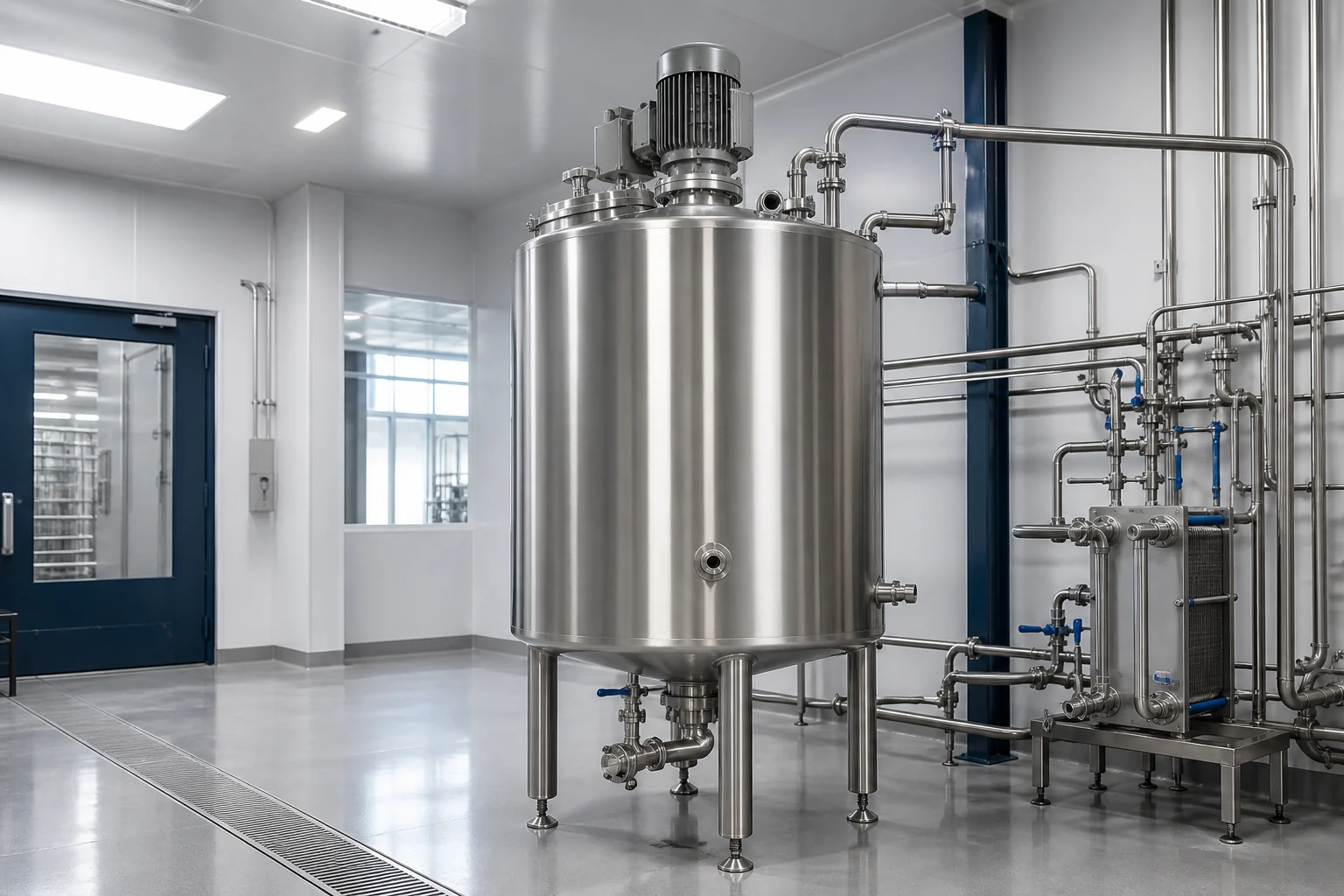 Sanitary stainless steel mixing tank with top agitator in a hygienic food and beverage processing room