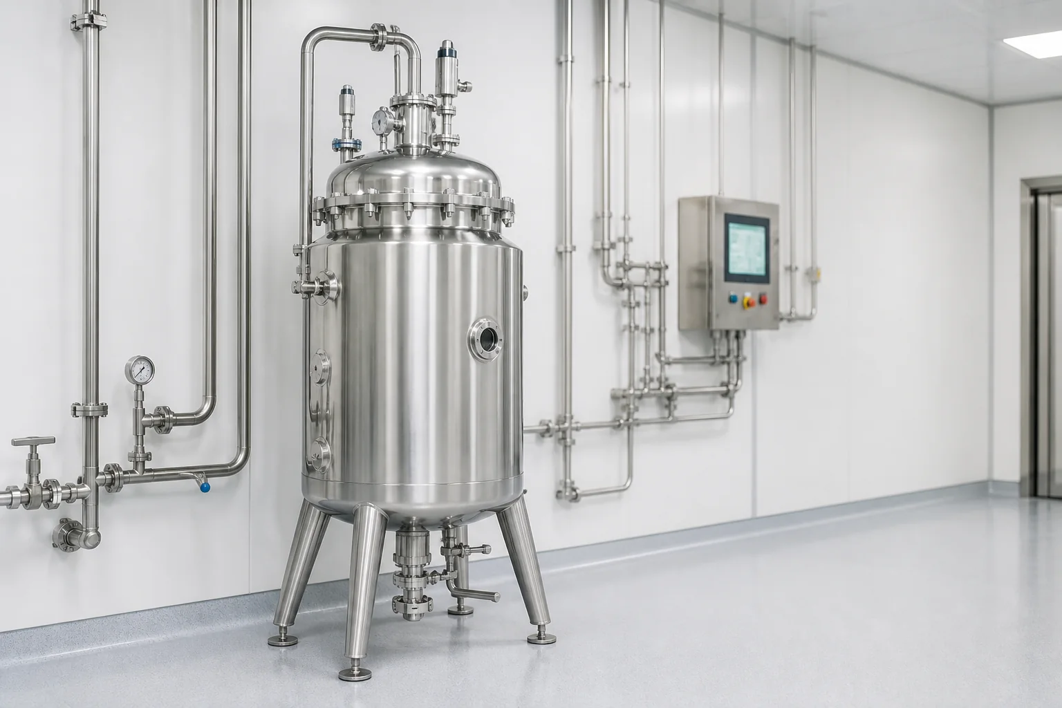 Sanitary stainless steel pressure vessel with hygienic piping and instrumentation in a pharmaceutical cleanroom