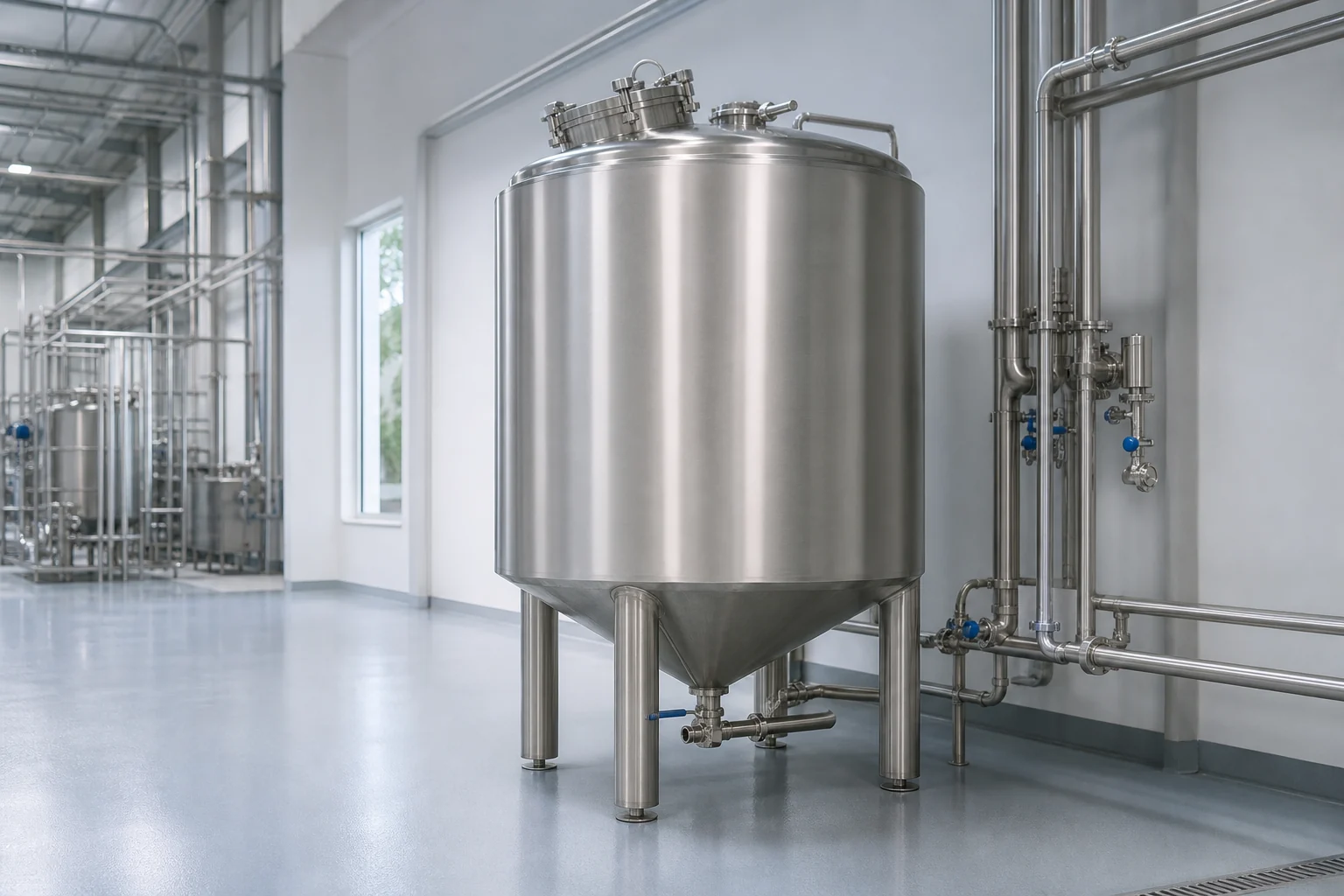 Sanitary stainless steel storage tank installed in a hygienic food and beverage processing facility