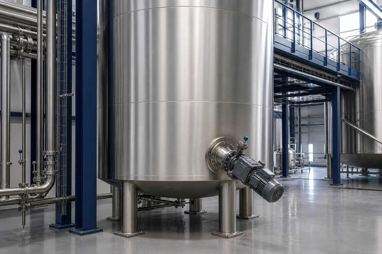 Large stainless steel tank with a hygienic side-entry agitator in a beverage processing facility