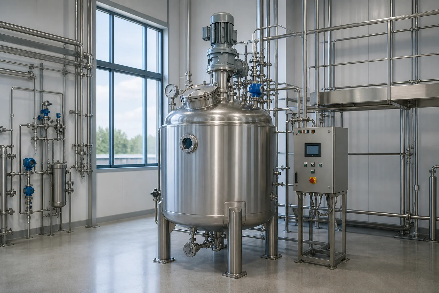 Stainless steel chemical reactor vessel with top-entry agitator, instruments and process piping in a modern chemical plant
