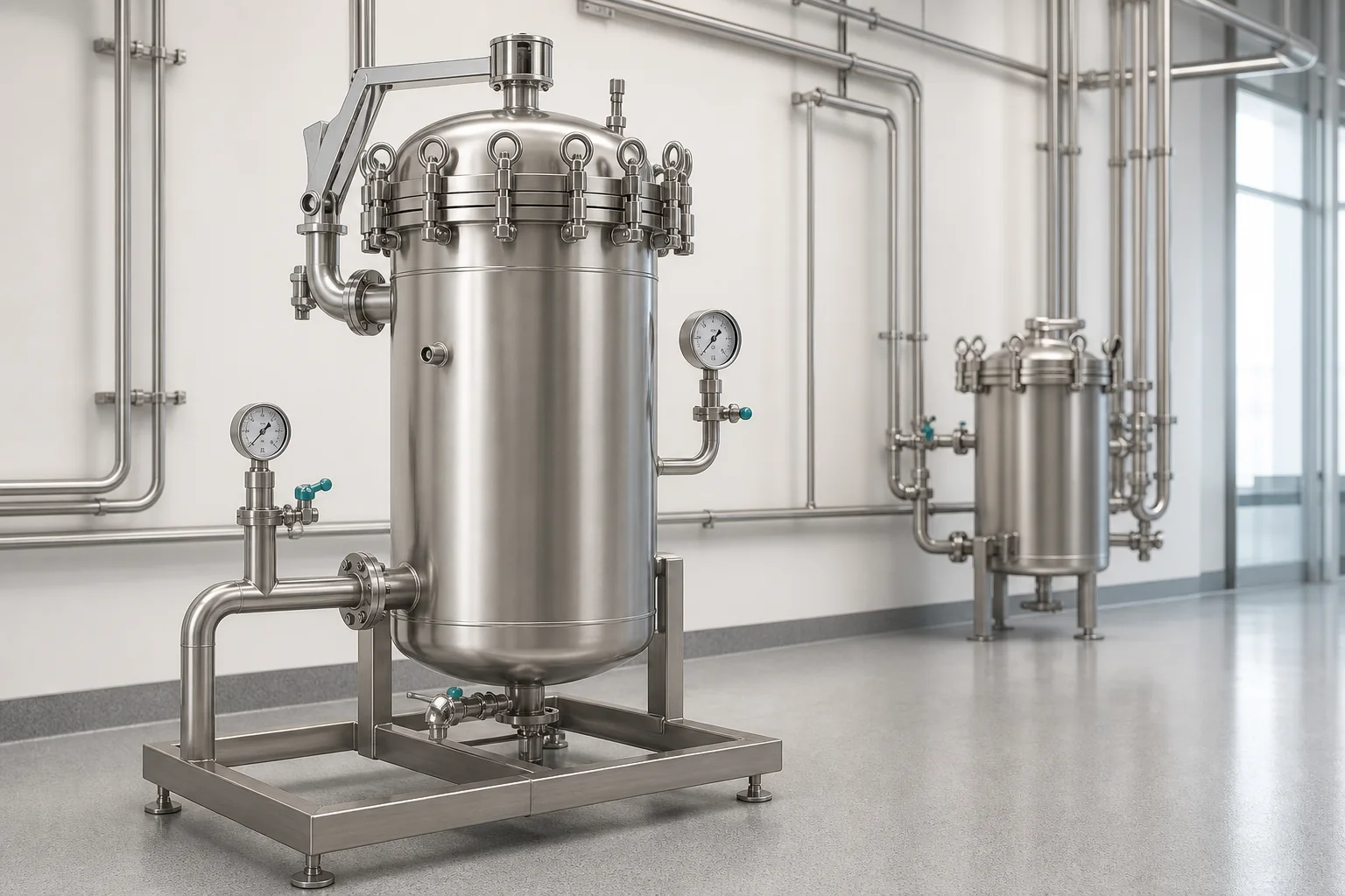 Stainless steel pressure filter vessel with safe top closure and sanitary liquid piping in a clean filtration room