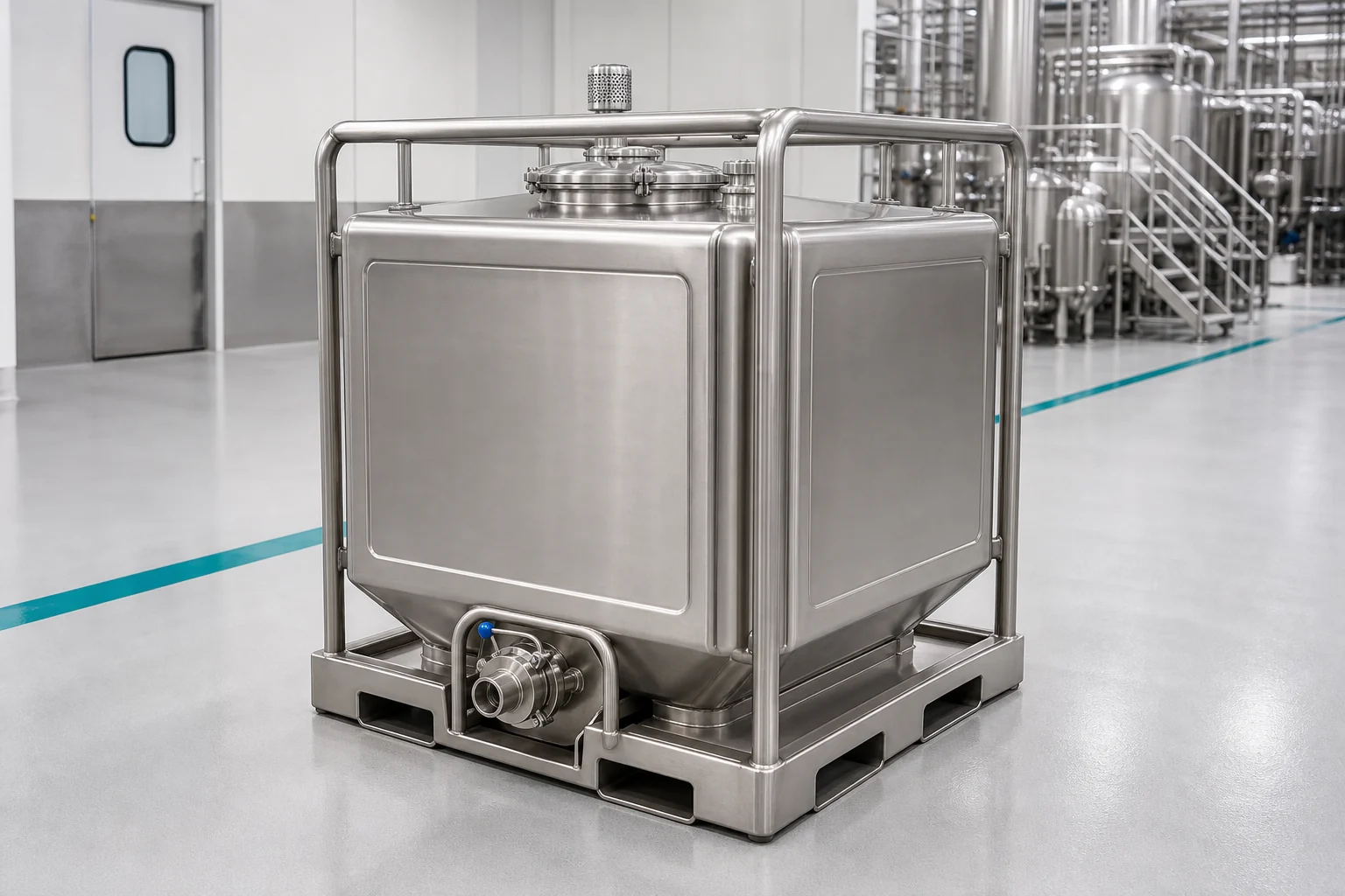 Square stainless steel IBC storage tank in a protective frame with forklift pockets and bottom outlet