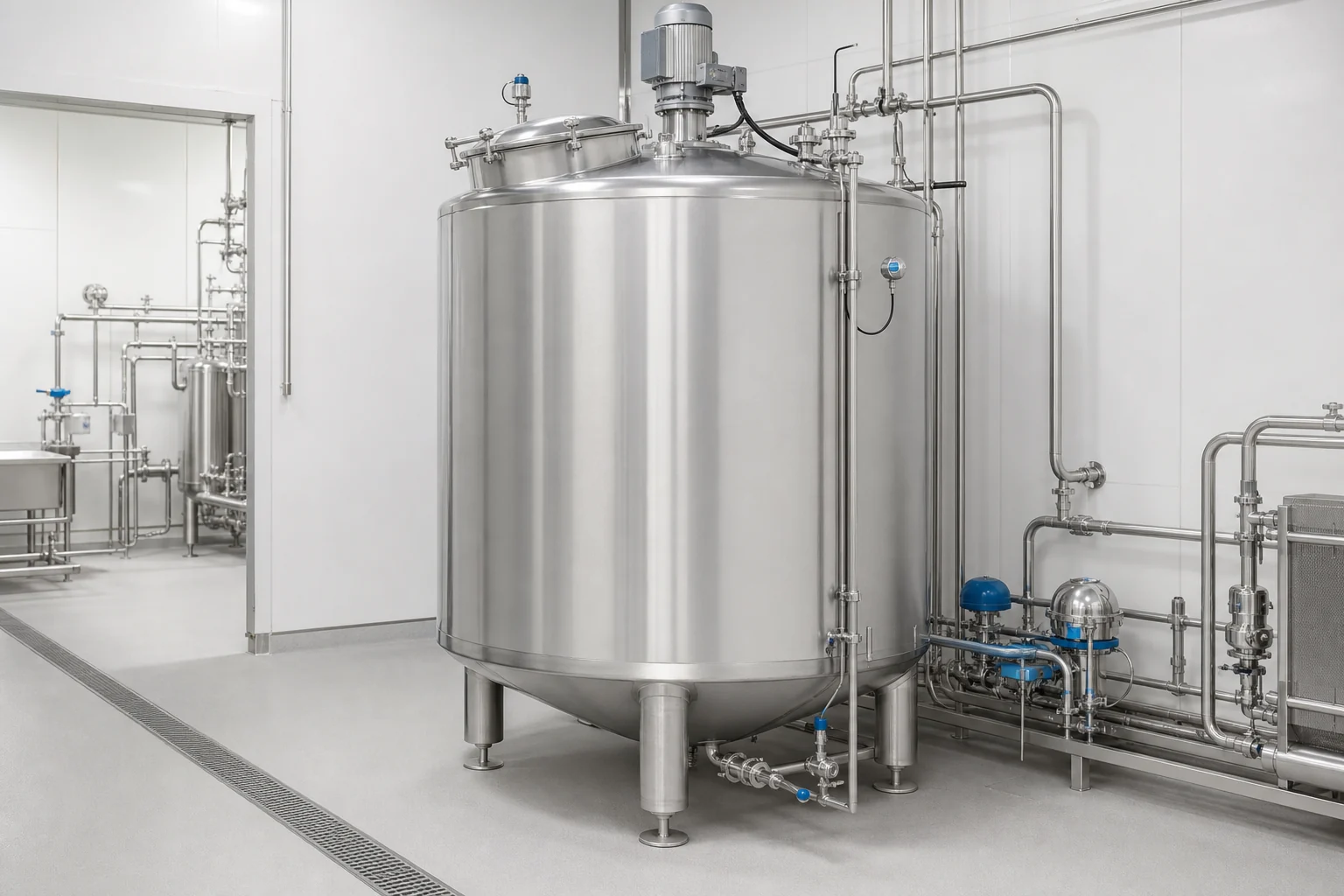 Insulated stainless steel milk storage tank with cooling connections in a modern dairy processing facility