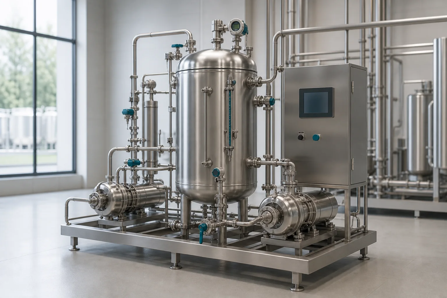 Stainless steel pressure buffer tank integrated between sanitary pumps on a compact process skid