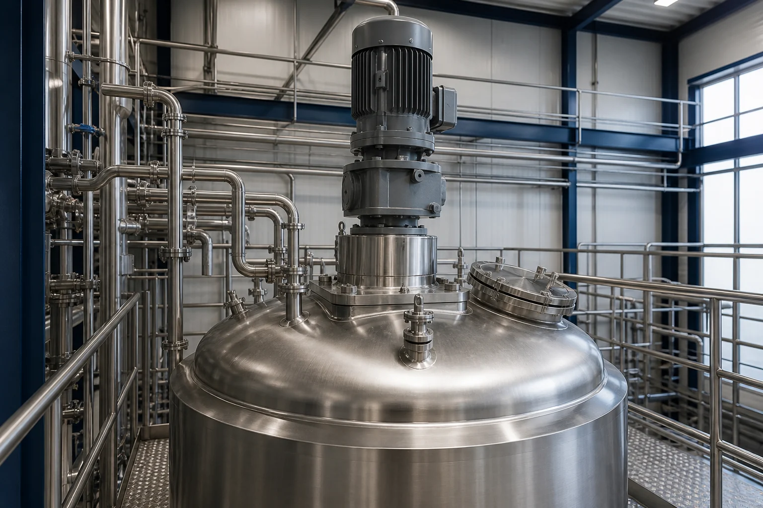 Top-entry agitator mixing tank with motor and gearbox mounted above a stainless steel vessel