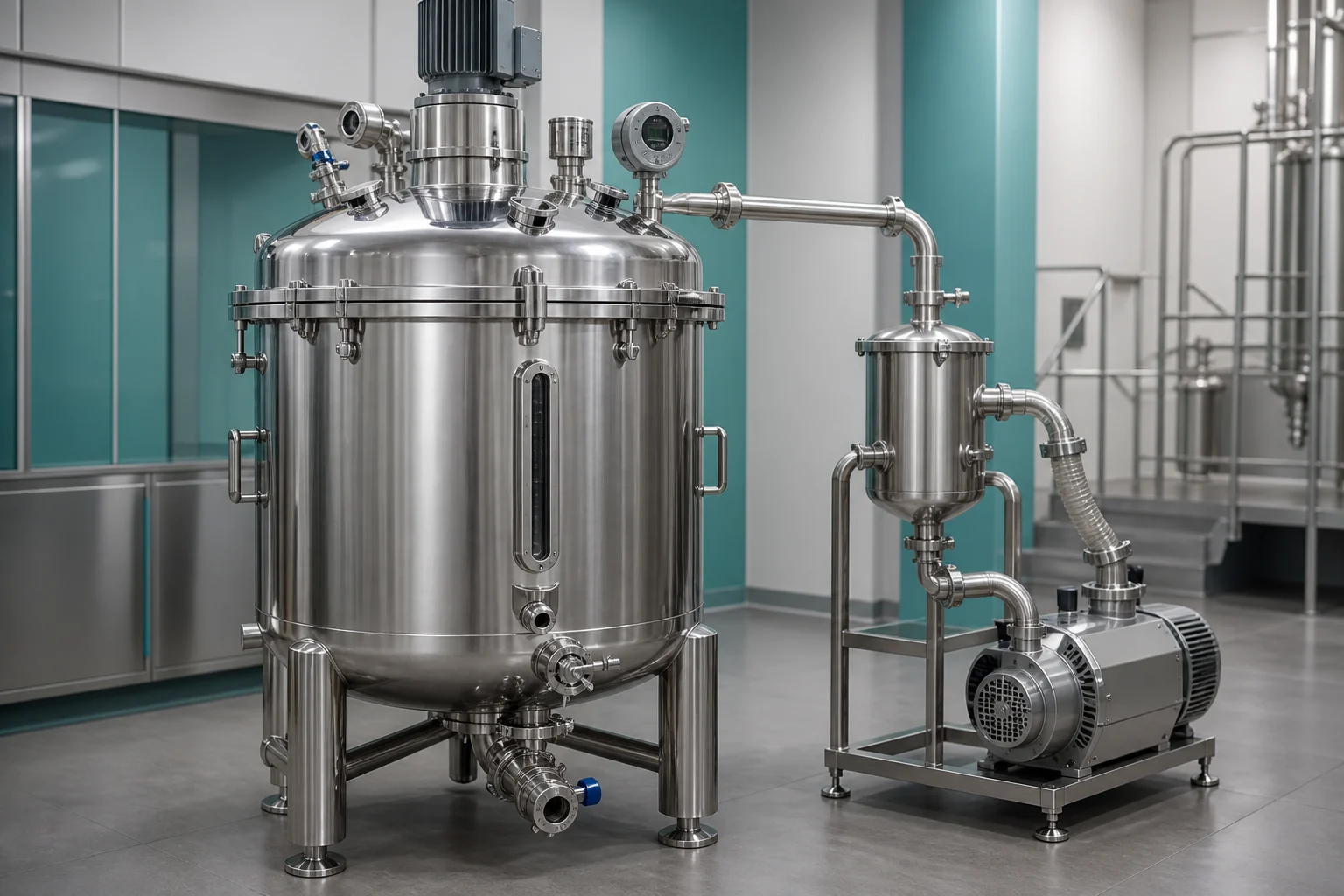 Vacuum compounding tank with sealed top, hygienic piping and vacuum system in a personal care process suite