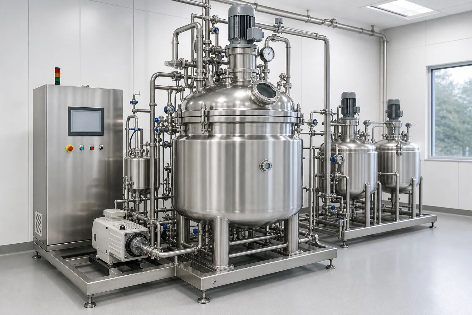 Vacuum homogenizing emulsifying tank system with preparation vessels, sanitary piping and control cabinet
