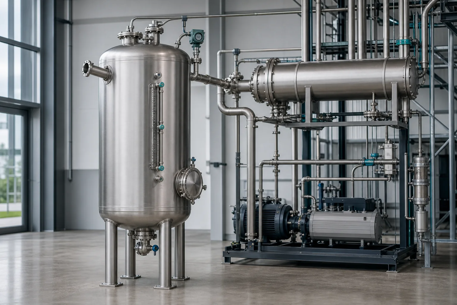 Stainless steel vacuum receiver tank connected to a condenser and vacuum pump system